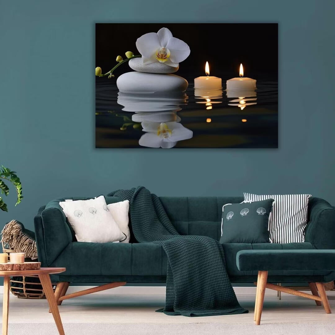 Mudket Framed Canvas Wall Art, White Orchid Candles Zen Stones Wall Decor, Elegant Calming Spa Floral Waterproof Art Prints for Bathroom Bedroom Living Room Home Decor - 12"L x 8"W