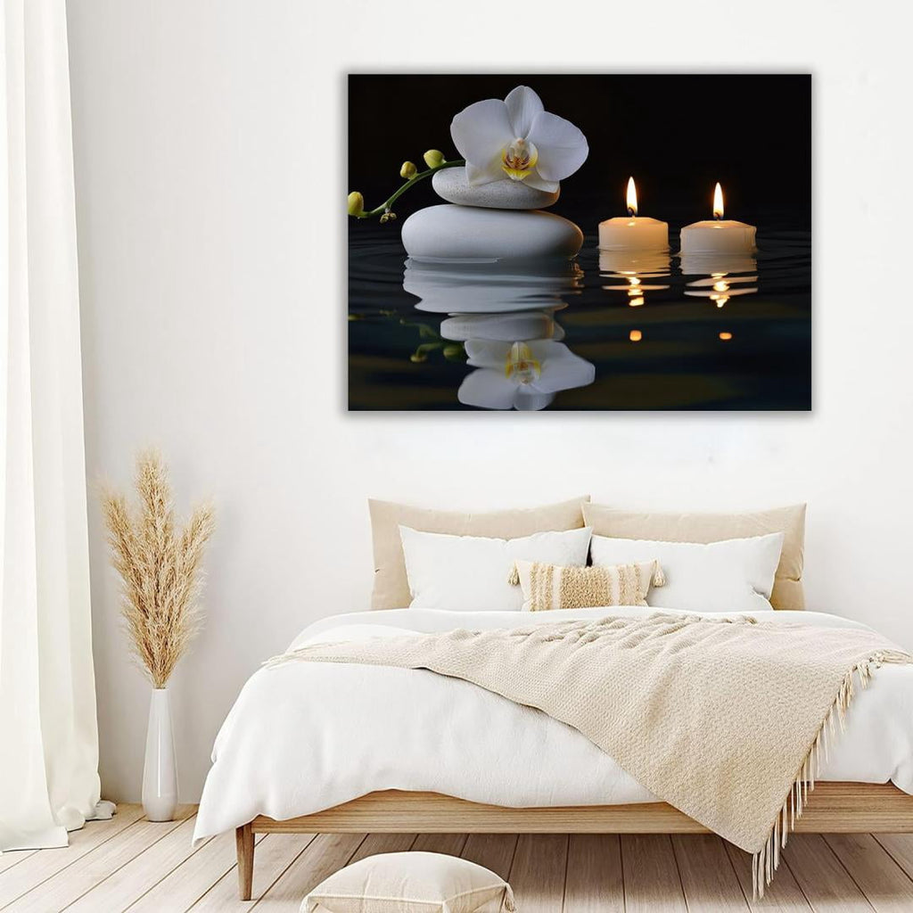 Mudket Framed Canvas Wall Art, White Orchid Candles Zen Stones Wall Decor, Elegant Calming Spa Floral Waterproof Art Prints for Bathroom Bedroom Living Room Home Decor - 12"L x 8"W