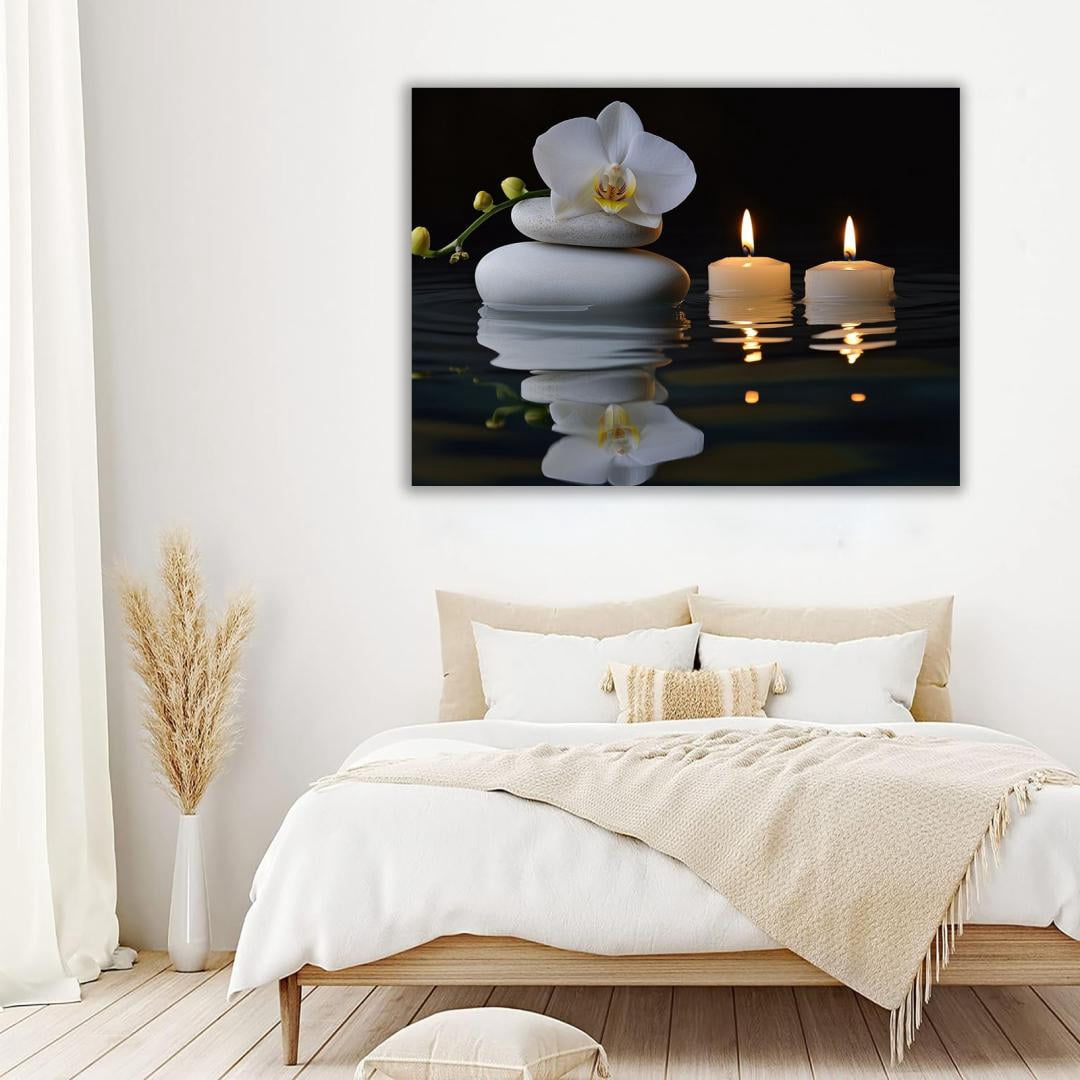 Mudket Framed Canvas Wall Art, White Orchid Candles Zen Stones Wall Decor, Elegant Calming Spa Floral Waterproof Art Prints for Bathroom Bedroom Living Room Home Decor - 12"L x 8"W