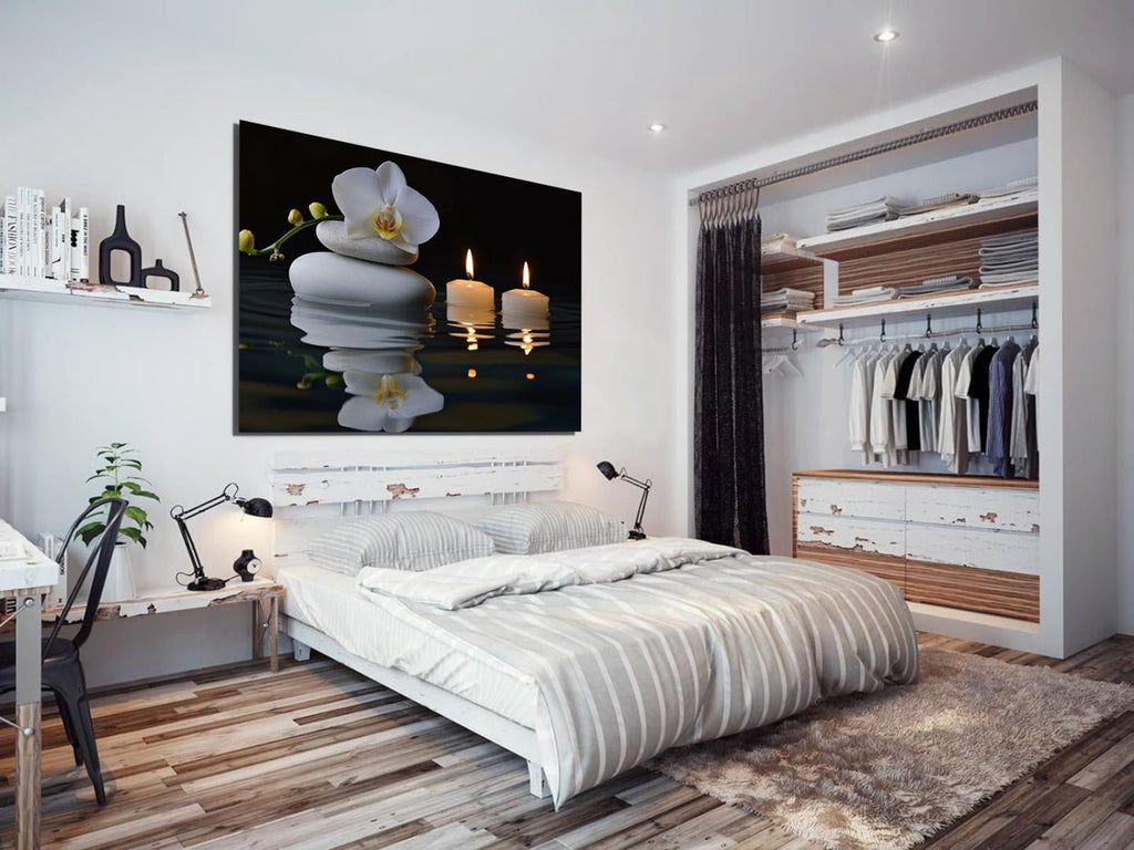 Mudket Framed Canvas Wall Art, White Orchid Candles Zen Stones Wall Decor, Elegant Calming Spa Floral Waterproof Art Prints for Bathroom Bedroom Living Room Home Decor - 12"L x 8"W