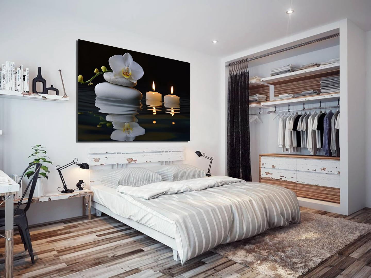 Mudket Framed Canvas Wall Art, White Orchid Candles Zen Stones Wall Decor, Elegant Calming Spa Floral Waterproof Art Prints for Bathroom Bedroom Living Room Home Decor - 12"L x 8"W