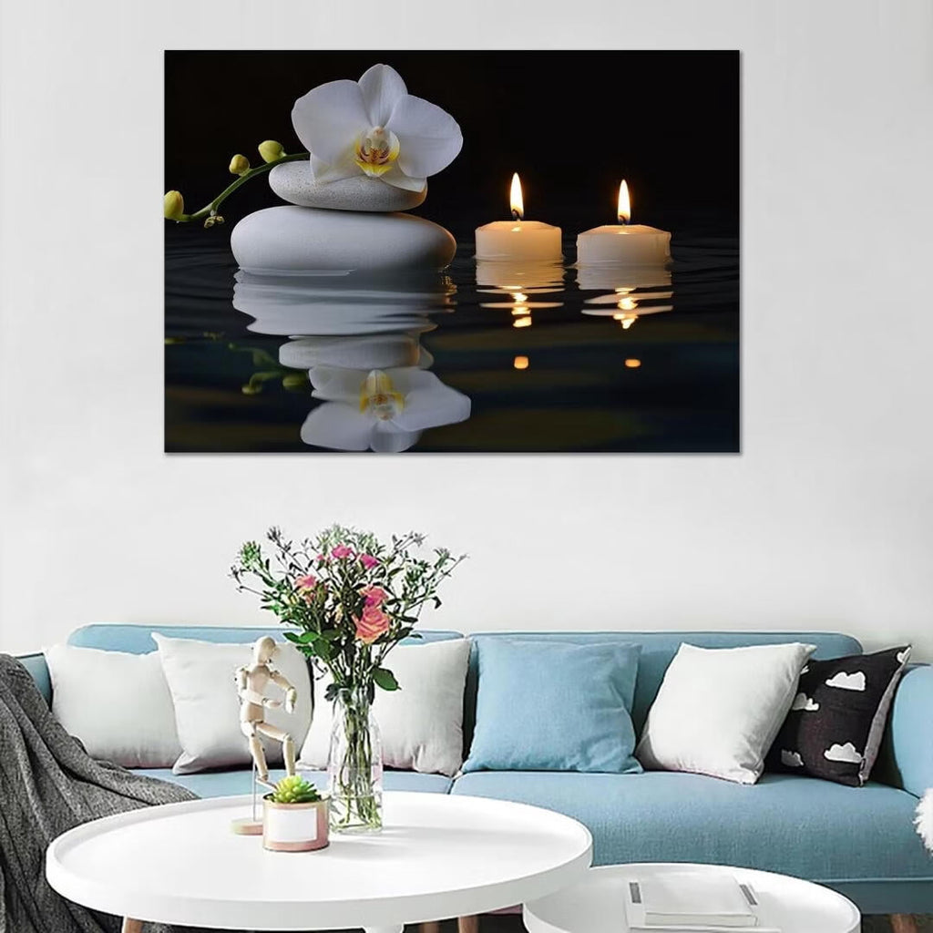 Mudket Framed Canvas Wall Art, White Orchid Candles Zen Stones Wall Decor, Elegant Calming Spa Floral Waterproof Art Prints for Bathroom Bedroom Living Room Home Decor - 12"L x 8"W