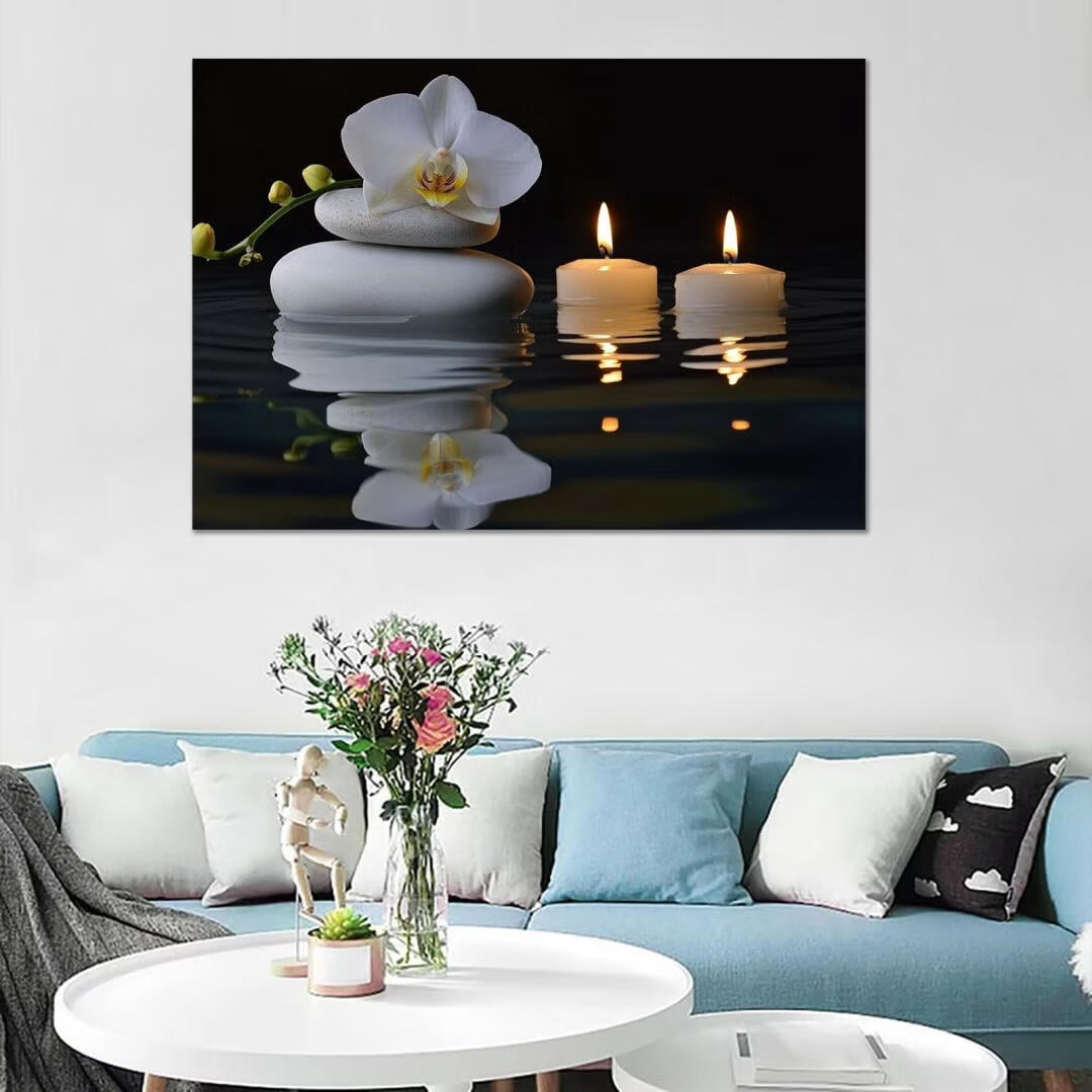 Mudket Framed Canvas Wall Art, White Orchid Candles Zen Stones Wall Decor, Elegant Calming Spa Floral Waterproof Art Prints for Bathroom Bedroom Living Room Home Decor - 12"L x 8"W