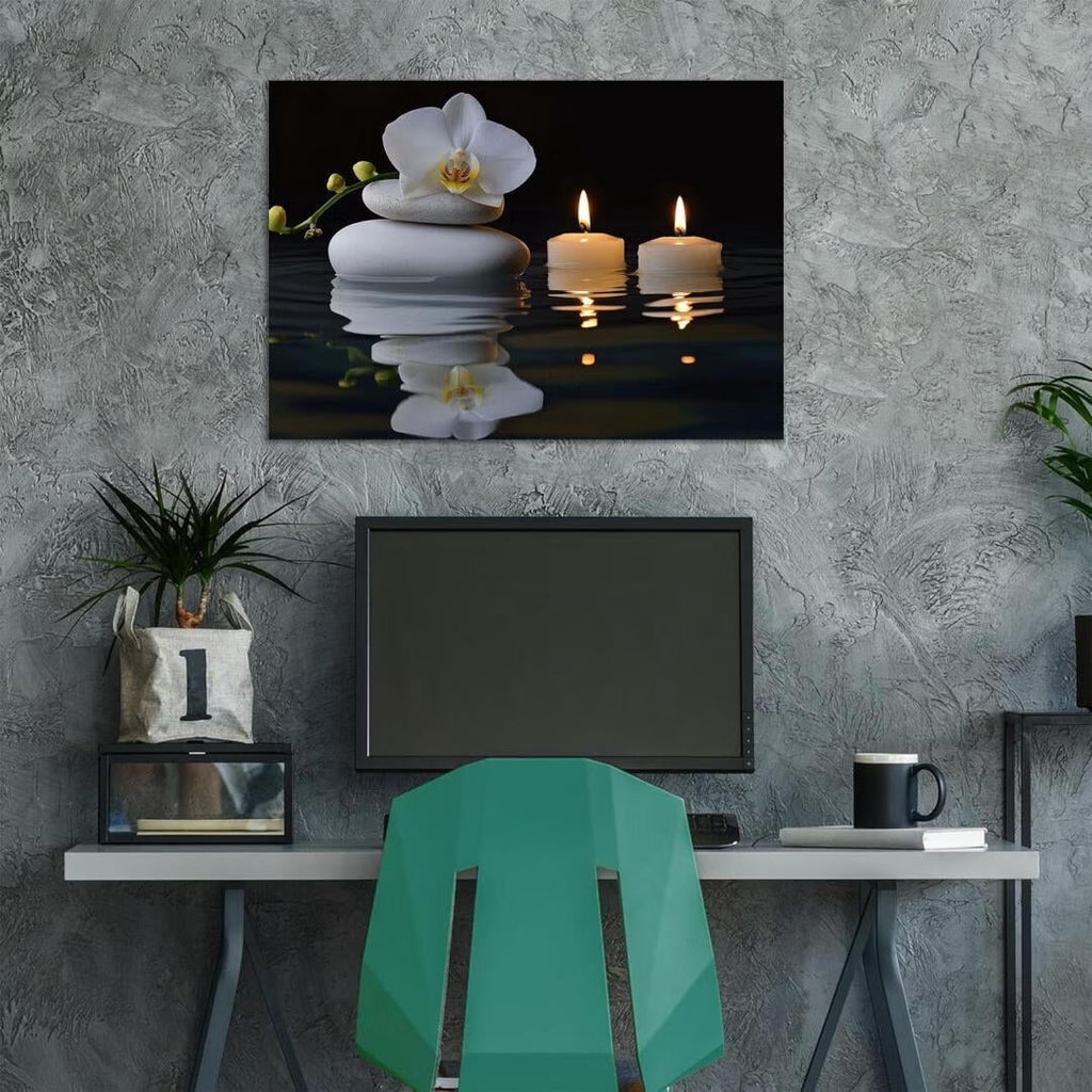 Mudket Framed Canvas Wall Art, White Orchid Candles Zen Stones Wall Decor, Elegant Calming Spa Floral Waterproof Art Prints for Bathroom Bedroom Living Room Home Decor - 12"L x 8"W