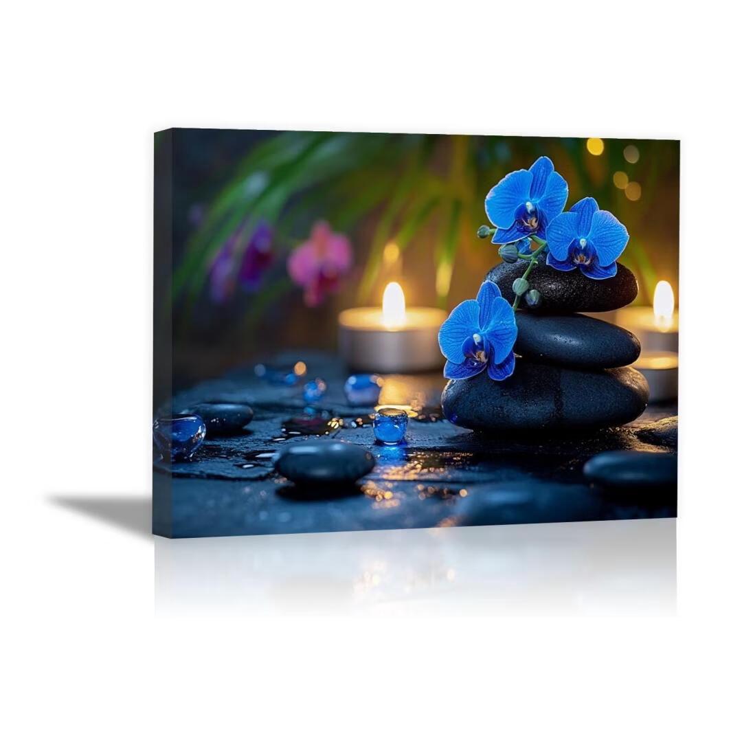 Mudket Framed Canvas Wall Art, White Orchid Candles Zen Stones Wall Decor, Elegant Calming Spa Floral Waterproof Art Prints for Bathroom Bedroom Living Room Home Decor - 12"L x 8"W