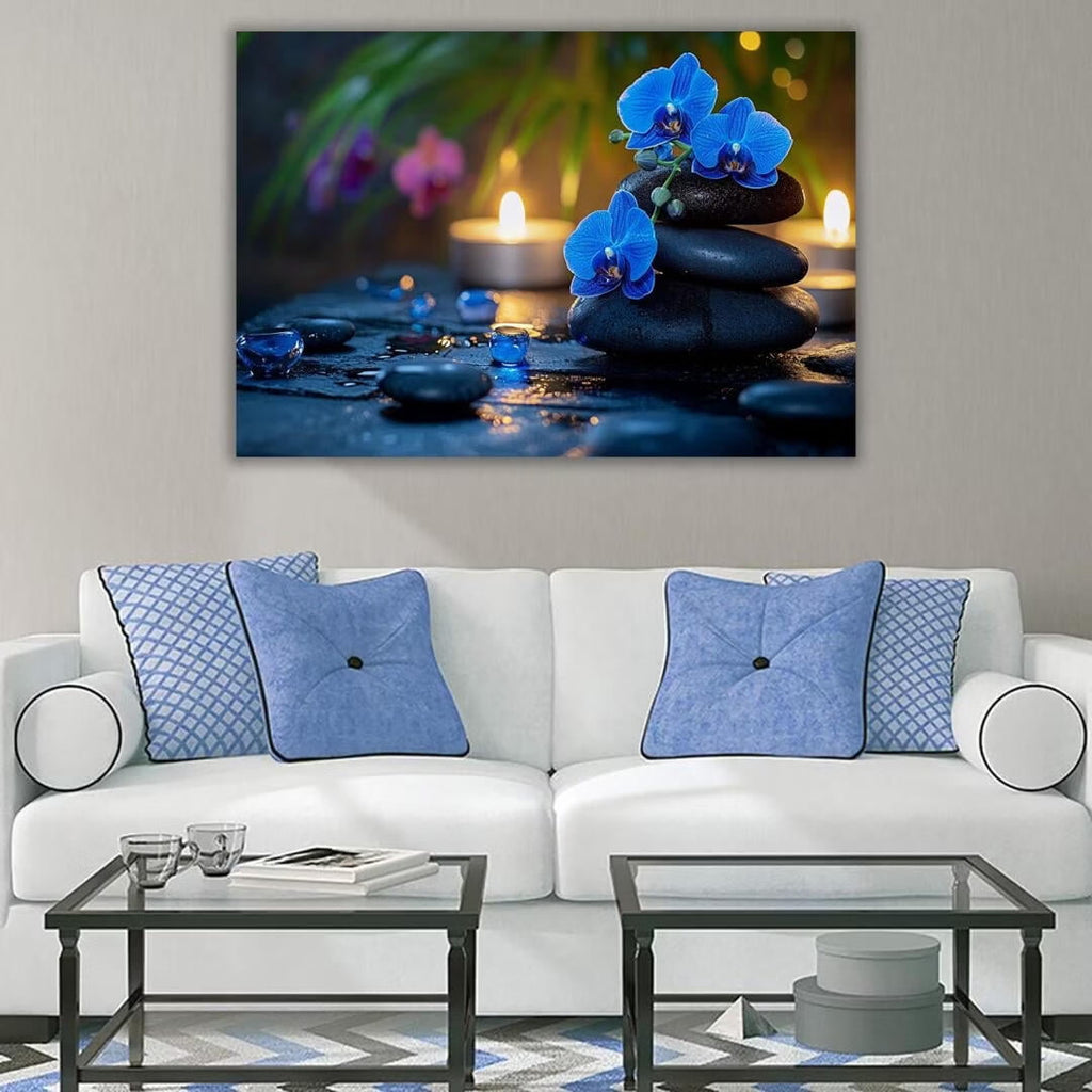 Mudket Framed Canvas Wall Art, White Orchid Candles Zen Stones Wall Decor, Elegant Calming Spa Floral Waterproof Art Prints for Bathroom Bedroom Living Room Home Decor - 12"L x 8"W
