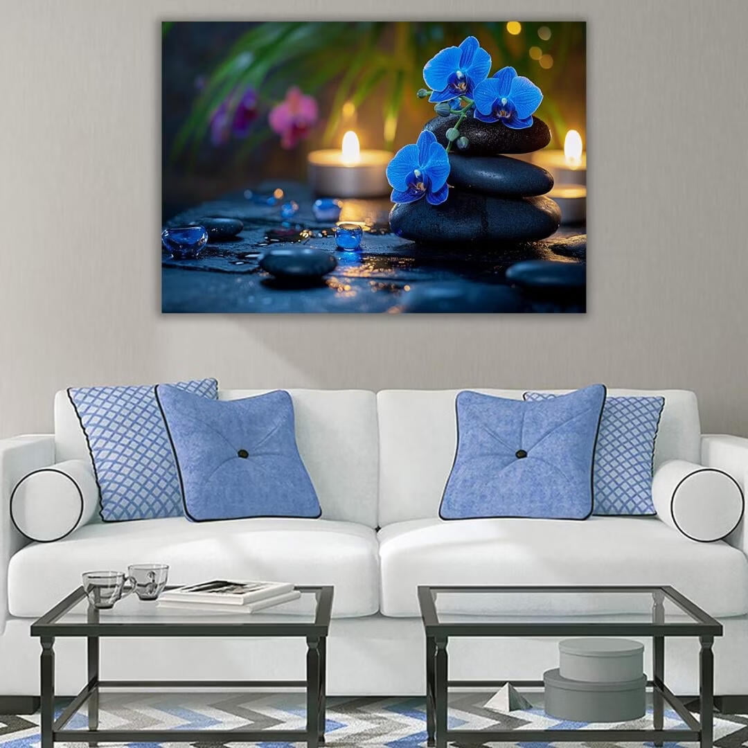 Mudket Framed Canvas Wall Art, White Orchid Candles Zen Stones Wall Decor, Elegant Calming Spa Floral Waterproof Art Prints for Bathroom Bedroom Living Room Home Decor - 12"L x 8"W