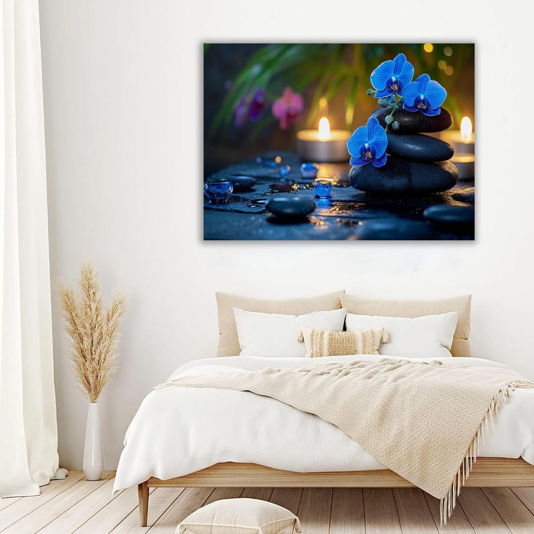 Mudket Framed Canvas Wall Art, White Orchid Candles Zen Stones Wall Decor, Elegant Calming Spa Floral Waterproof Art Prints for Bathroom Bedroom Living Room Home Decor - 12"L x 8"W