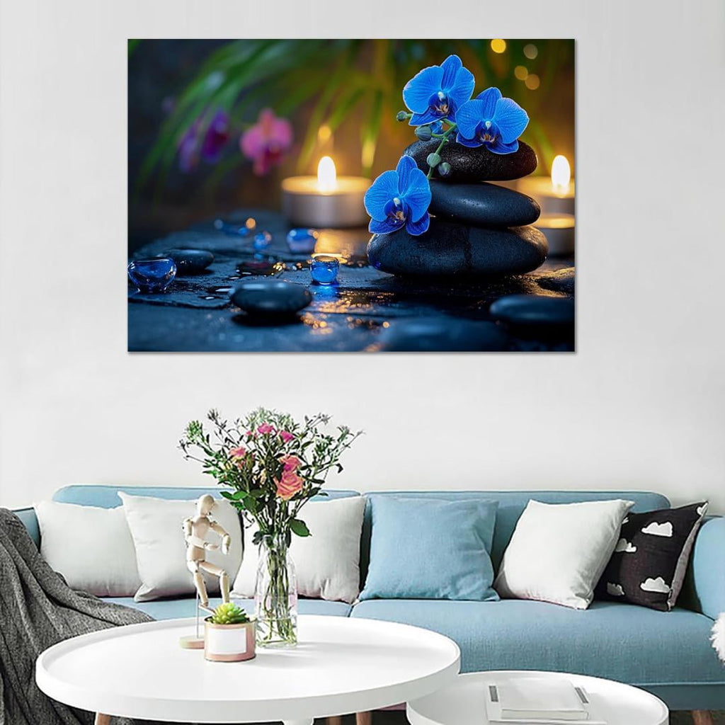 Mudket Framed Canvas Wall Art, White Orchid Candles Zen Stones Wall Decor, Elegant Calming Spa Floral Waterproof Art Prints for Bathroom Bedroom Living Room Home Decor - 12"L x 8"W