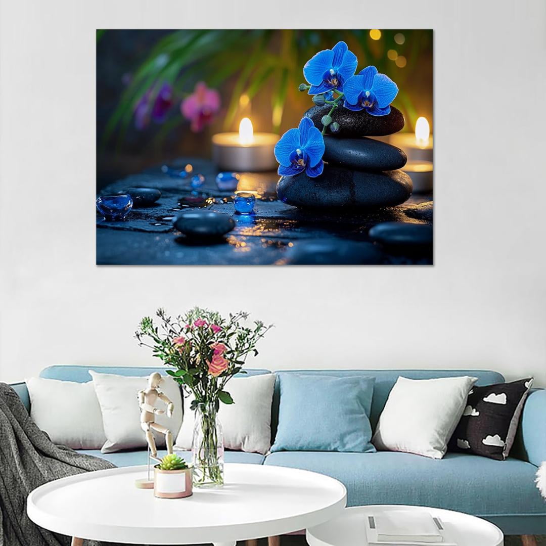 Mudket Framed Canvas Wall Art, White Orchid Candles Zen Stones Wall Decor, Elegant Calming Spa Floral Waterproof Art Prints for Bathroom Bedroom Living Room Home Decor - 12"L x 8"W