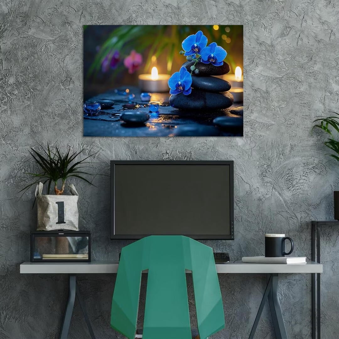 Mudket Framed Canvas Wall Art, White Orchid Candles Zen Stones Wall Decor, Elegant Calming Spa Floral Waterproof Art Prints for Bathroom Bedroom Living Room Home Decor - 12"L x 8"W