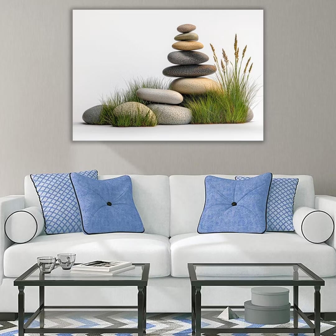 Mudket Framed Canvas Wall Art, White Orchid Candles Zen Stones Wall Decor, Elegant Calming Spa Floral Waterproof Art Prints for Bathroom Bedroom Living Room Home Decor - 12"L x 8"W