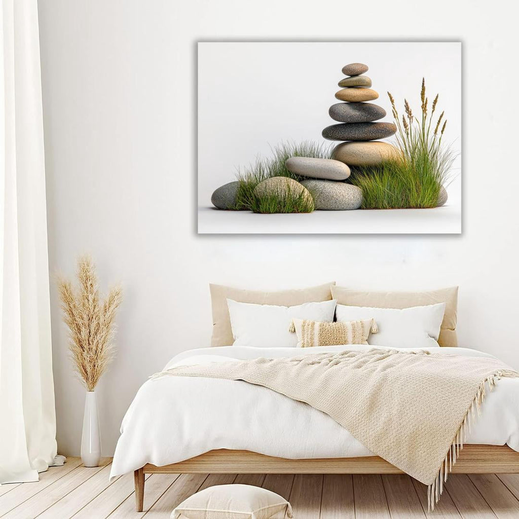 Mudket Framed Canvas Wall Art, White Orchid Candles Zen Stones Wall Decor, Elegant Calming Spa Floral Waterproof Art Prints for Bathroom Bedroom Living Room Home Decor - 12"L x 8"W