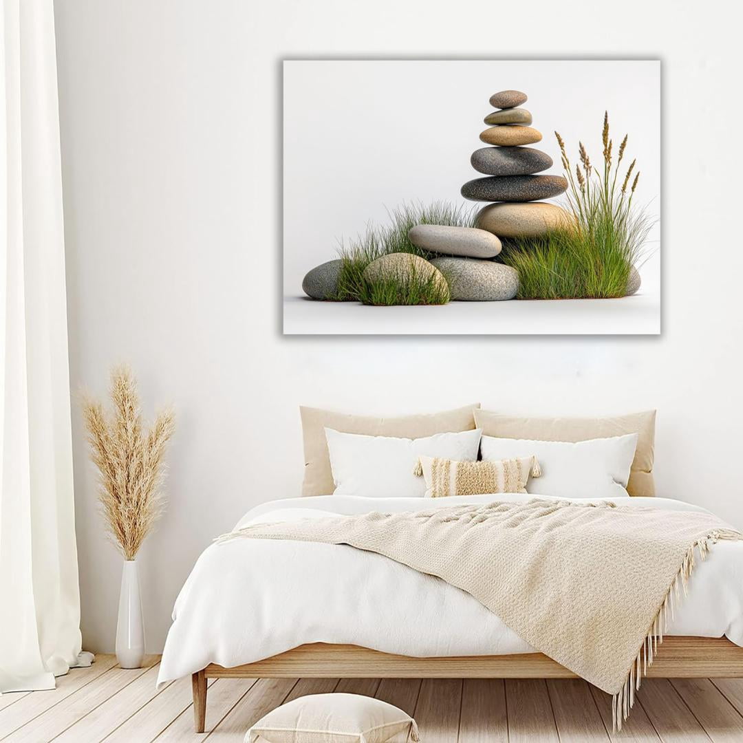 Mudket Framed Canvas Wall Art, White Orchid Candles Zen Stones Wall Decor, Elegant Calming Spa Floral Waterproof Art Prints for Bathroom Bedroom Living Room Home Decor - 12"L x 8"W