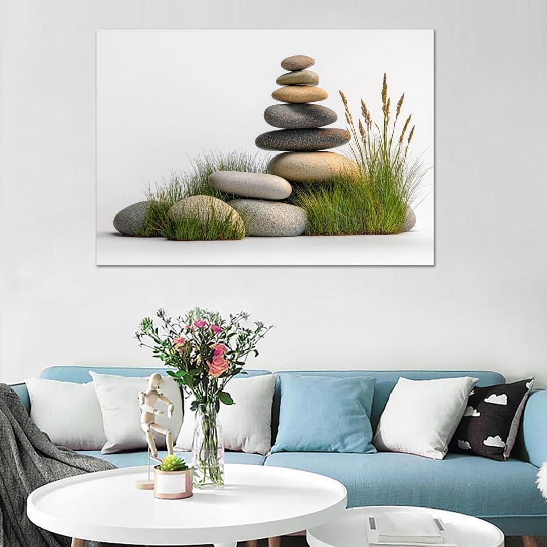 Mudket Framed Canvas Wall Art, White Orchid Candles Zen Stones Wall Decor, Elegant Calming Spa Floral Waterproof Art Prints for Bathroom Bedroom Living Room Home Decor - 12"L x 8"W