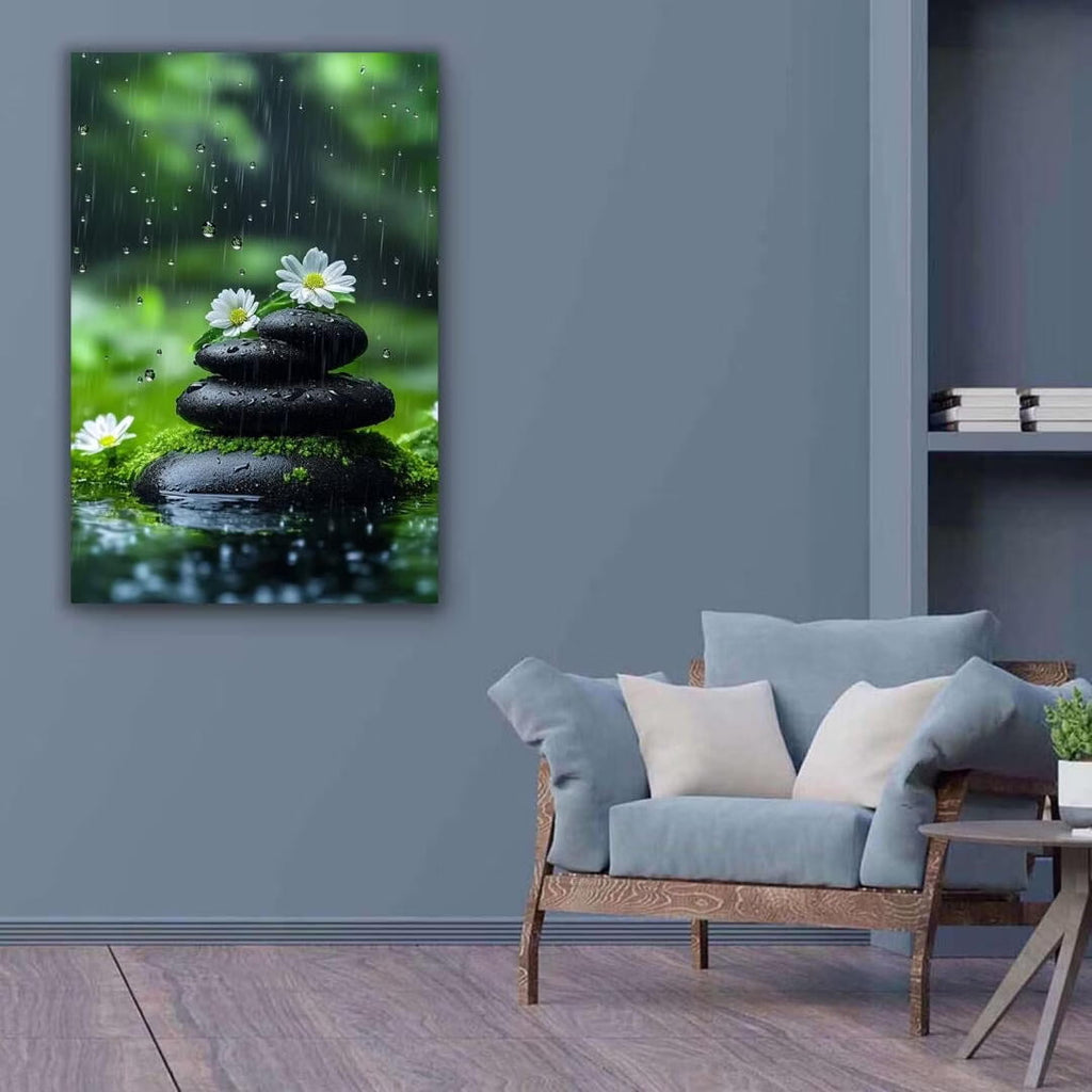 Mudket Framed Canvas Wall Art, White Orchid Candles Zen Stones Wall Decor, Elegant Calming Spa Floral Waterproof Art Prints for Bathroom Bedroom Living Room Home Decor - 12"L x 8"W