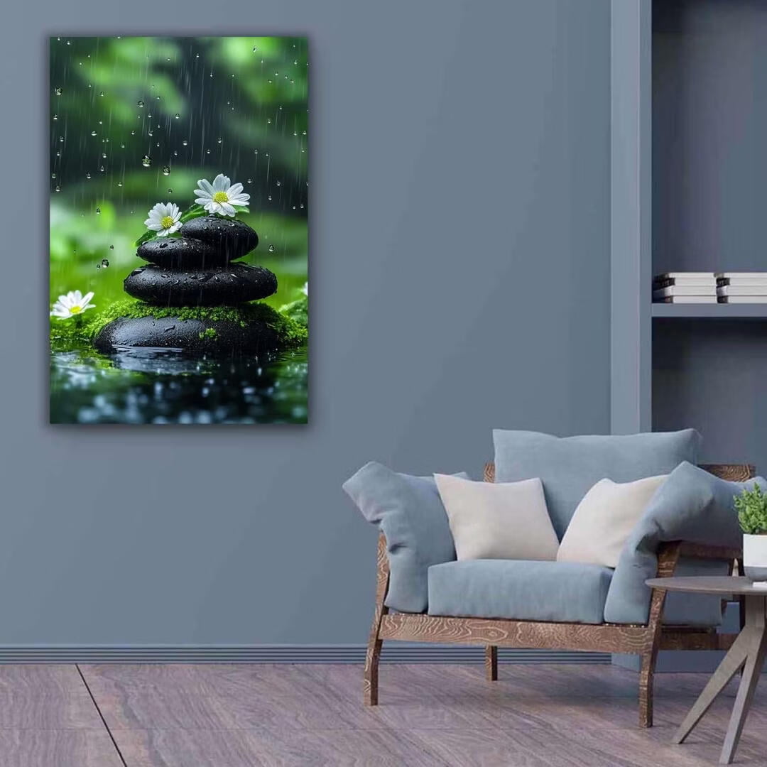 Mudket Framed Canvas Wall Art, White Orchid Candles Zen Stones Wall Decor, Elegant Calming Spa Floral Waterproof Art Prints for Bathroom Bedroom Living Room Home Decor - 12"L x 8"W