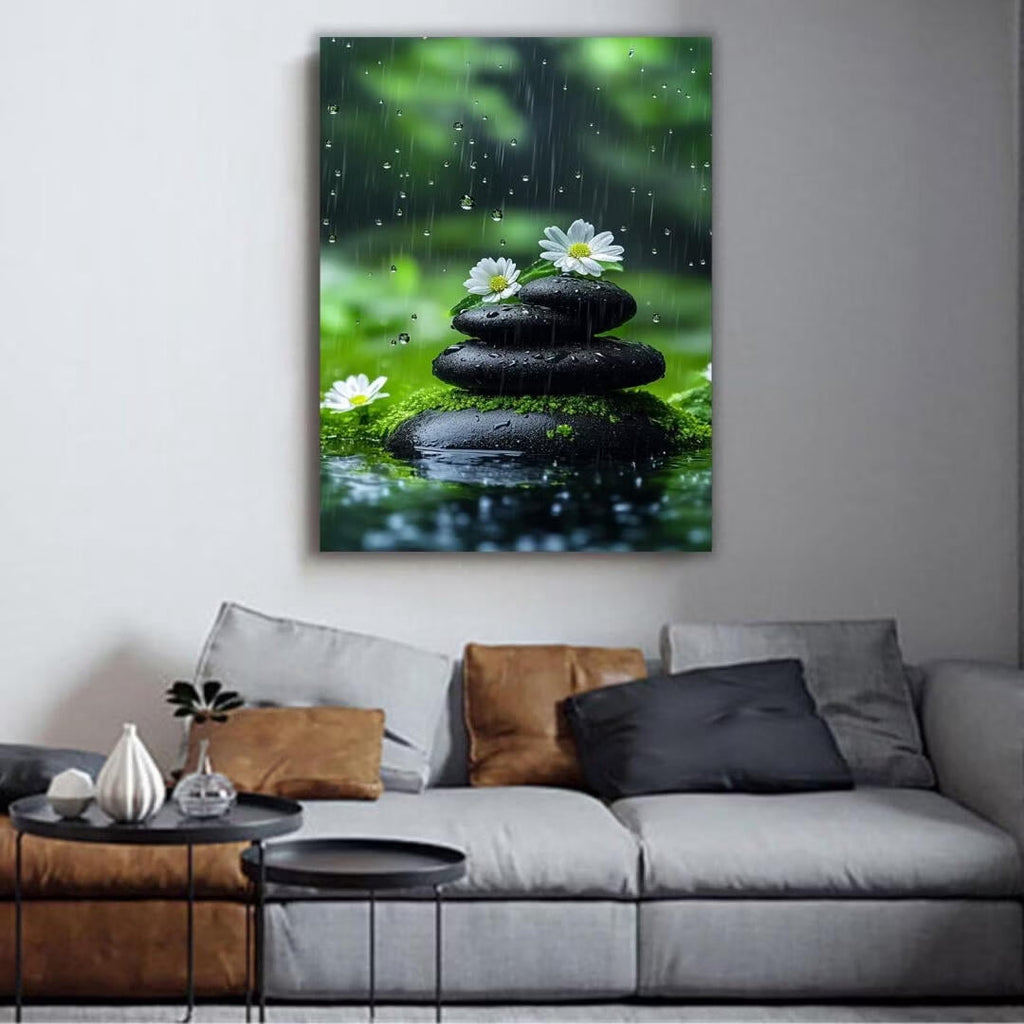Mudket Framed Canvas Wall Art, White Orchid Candles Zen Stones Wall Decor, Elegant Calming Spa Floral Waterproof Art Prints for Bathroom Bedroom Living Room Home Decor - 12"L x 8"W