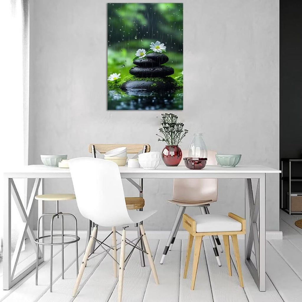 Mudket Framed Canvas Wall Art, White Orchid Candles Zen Stones Wall Decor, Elegant Calming Spa Floral Waterproof Art Prints for Bathroom Bedroom Living Room Home Decor - 12"L x 8"W