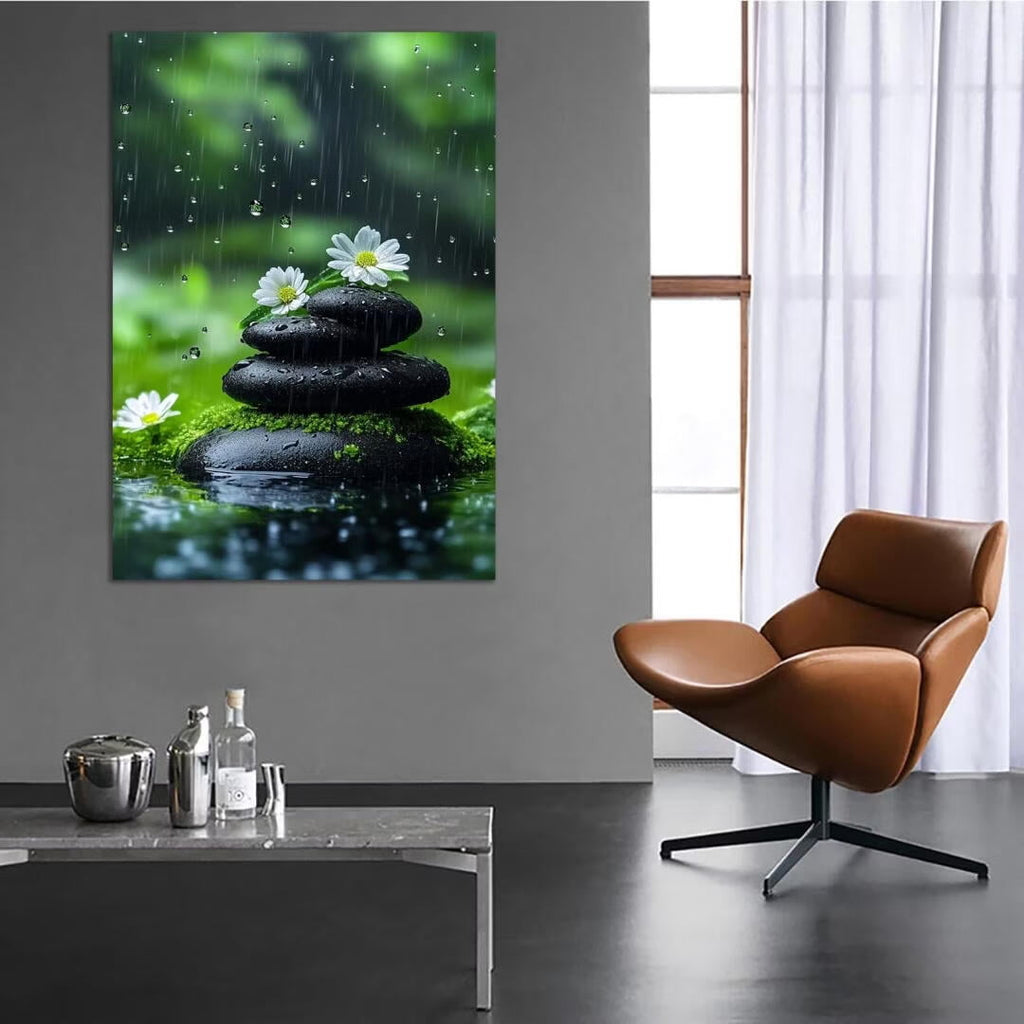 Mudket Framed Canvas Wall Art, White Orchid Candles Zen Stones Wall Decor, Elegant Calming Spa Floral Waterproof Art Prints for Bathroom Bedroom Living Room Home Decor - 12"L x 8"W