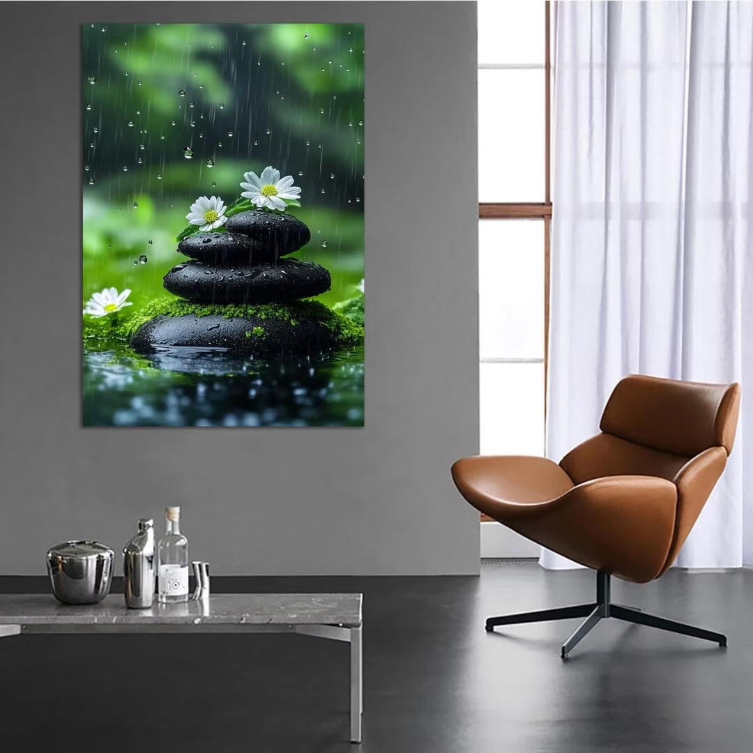 Mudket Framed Canvas Wall Art, White Orchid Candles Zen Stones Wall Decor, Elegant Calming Spa Floral Waterproof Art Prints for Bathroom Bedroom Living Room Home Decor - 12"L x 8"W