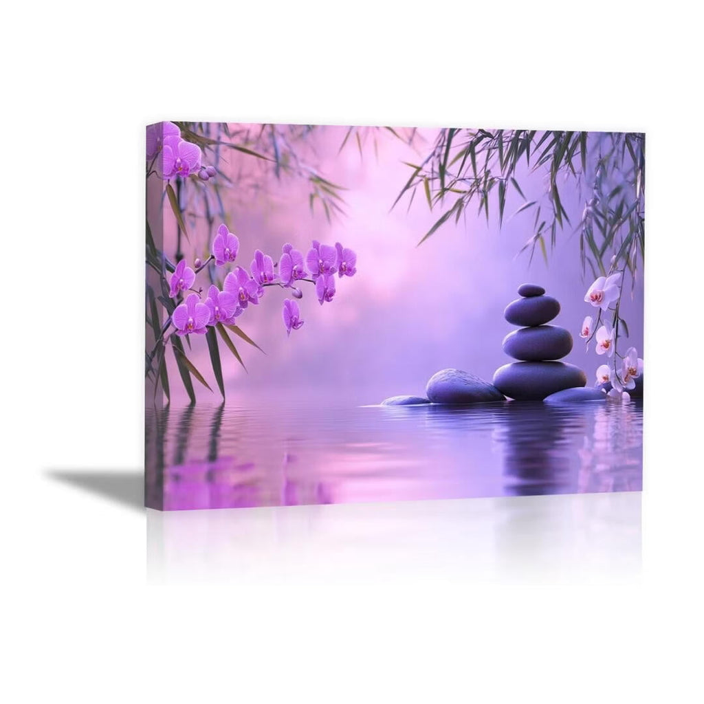 Mudket Framed Canvas Wall Art, White Orchid Candles Zen Stones Wall Decor, Elegant Calming Spa Floral Waterproof Art Prints for Bathroom Bedroom Living Room Home Decor - 12"L x 8"W