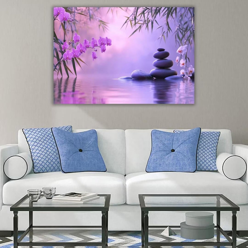 Mudket Framed Canvas Wall Art, White Orchid Candles Zen Stones Wall Decor, Elegant Calming Spa Floral Waterproof Art Prints for Bathroom Bedroom Living Room Home Decor - 12"L x 8"W