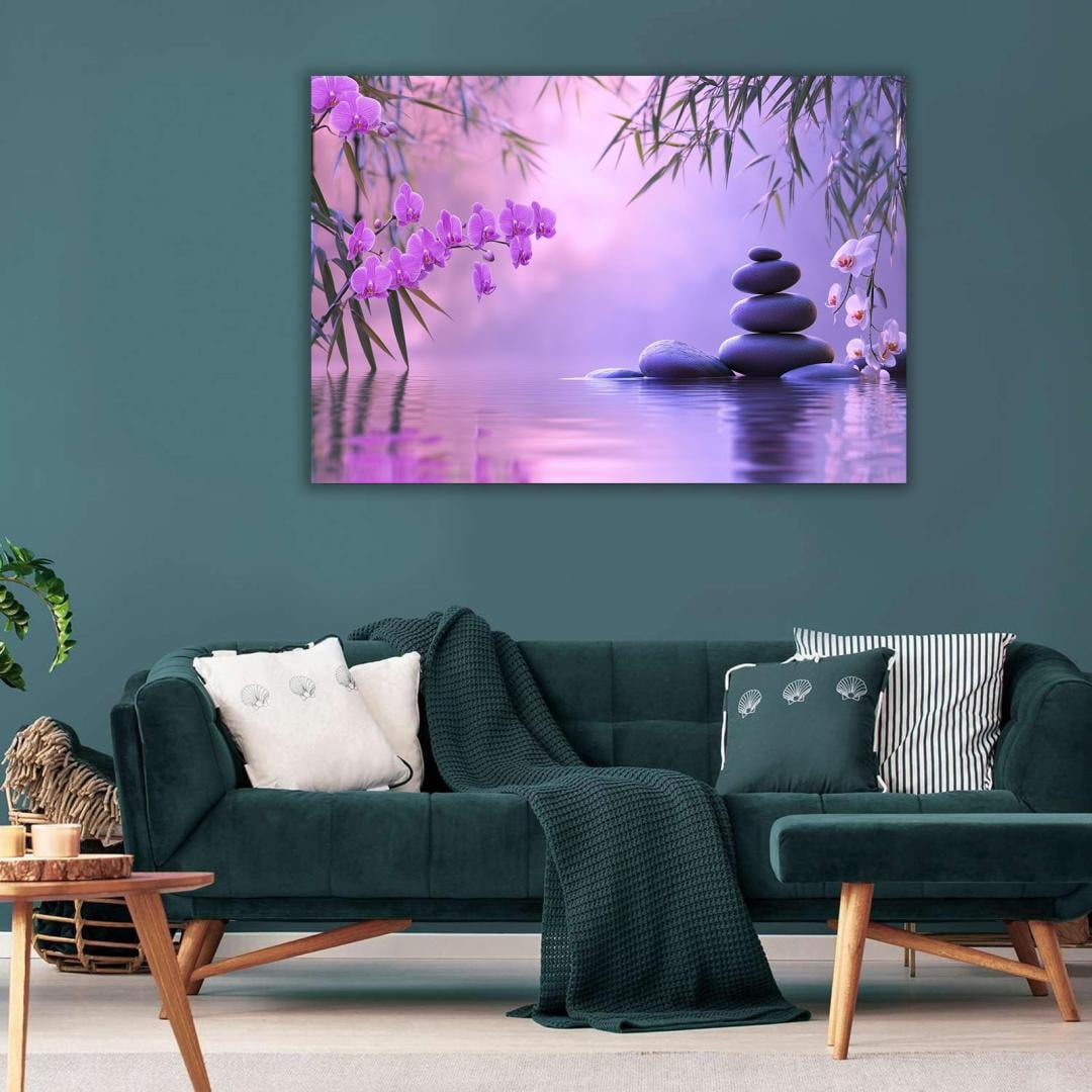 Mudket Framed Canvas Wall Art, White Orchid Candles Zen Stones Wall Decor, Elegant Calming Spa Floral Waterproof Art Prints for Bathroom Bedroom Living Room Home Decor - 12"L x 8"W