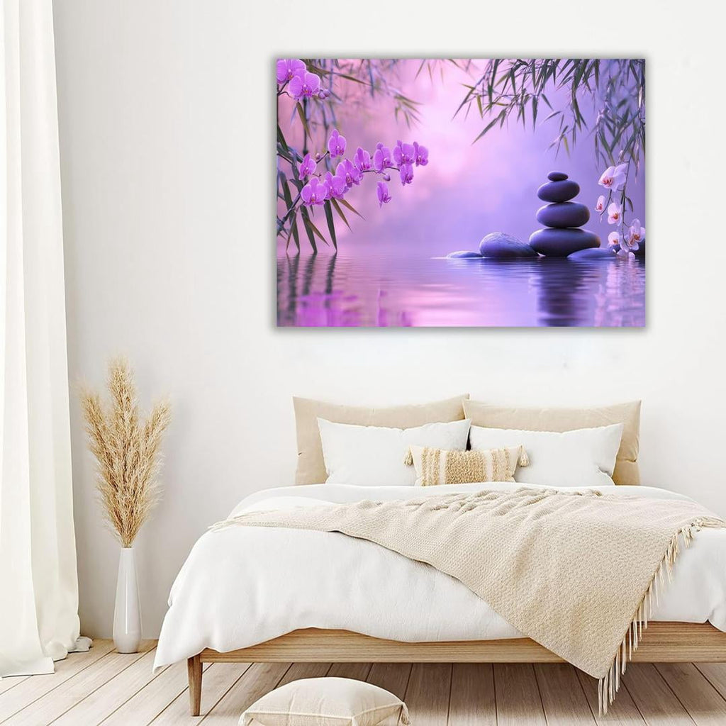Mudket Framed Canvas Wall Art, White Orchid Candles Zen Stones Wall Decor, Elegant Calming Spa Floral Waterproof Art Prints for Bathroom Bedroom Living Room Home Decor - 12"L x 8"W