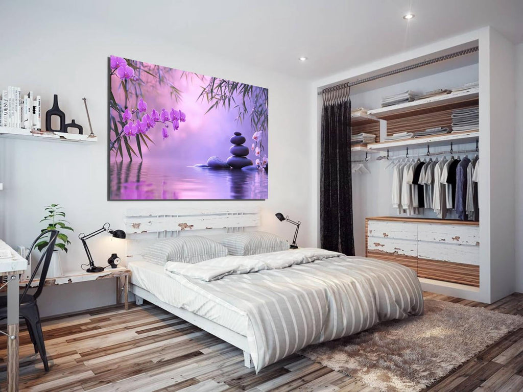Mudket Framed Canvas Wall Art, White Orchid Candles Zen Stones Wall Decor, Elegant Calming Spa Floral Waterproof Art Prints for Bathroom Bedroom Living Room Home Decor - 12"L x 8"W