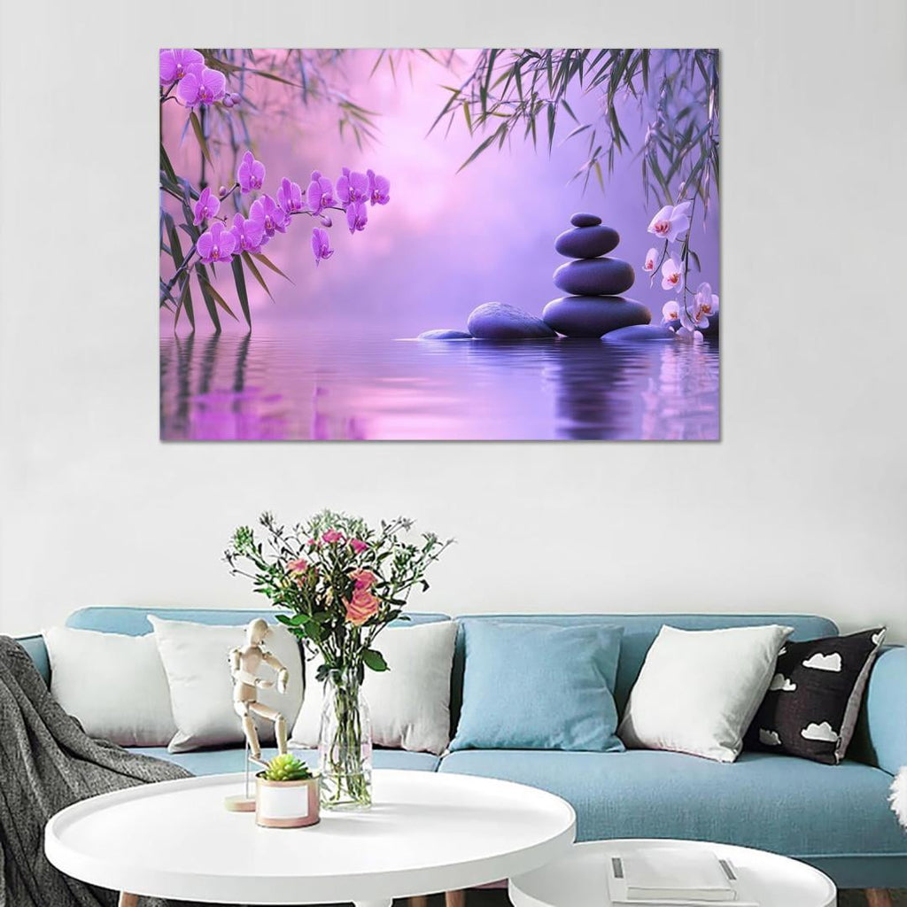 Mudket Framed Canvas Wall Art, White Orchid Candles Zen Stones Wall Decor, Elegant Calming Spa Floral Waterproof Art Prints for Bathroom Bedroom Living Room Home Decor - 12"L x 8"W