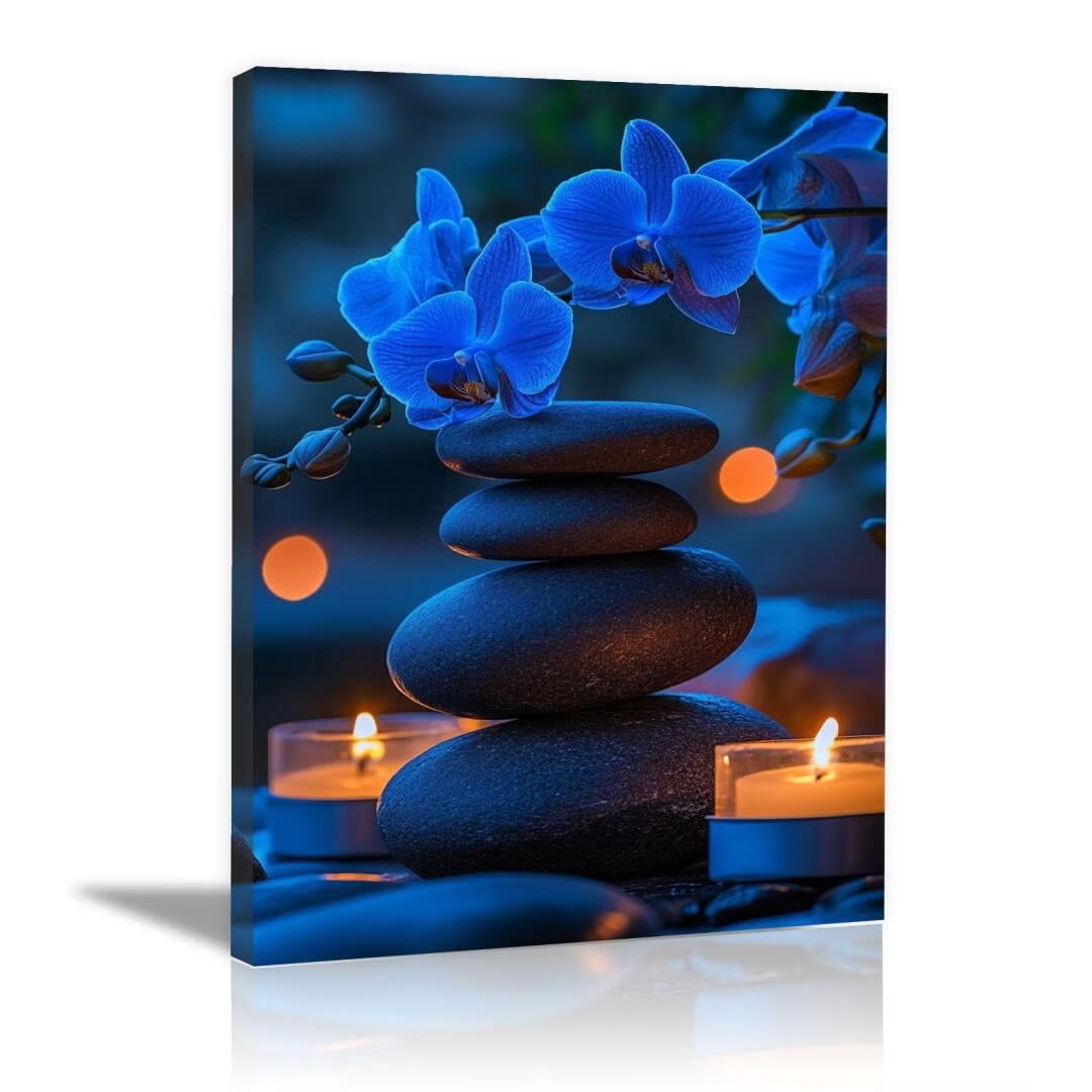 Mudket Framed Canvas Wall Art, White Orchid Candles Zen Stones Wall Decor, Elegant Calming Spa Floral Waterproof Art Prints for Bathroom Bedroom Living Room Home Decor - 12"L x 8"W