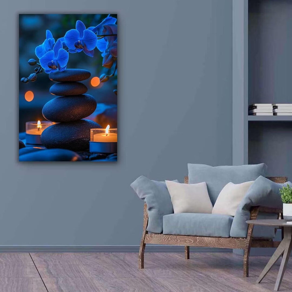 Mudket Framed Canvas Wall Art, White Orchid Candles Zen Stones Wall Decor, Elegant Calming Spa Floral Waterproof Art Prints for Bathroom Bedroom Living Room Home Decor - 12"L x 8"W