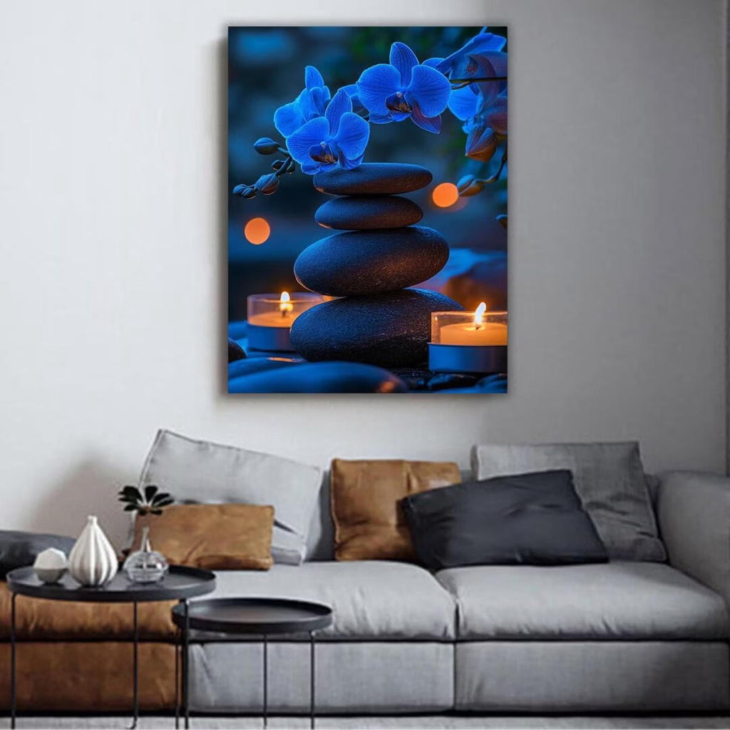 Mudket Framed Canvas Wall Art, White Orchid Candles Zen Stones Wall Decor, Elegant Calming Spa Floral Waterproof Art Prints for Bathroom Bedroom Living Room Home Decor - 12"L x 8"W