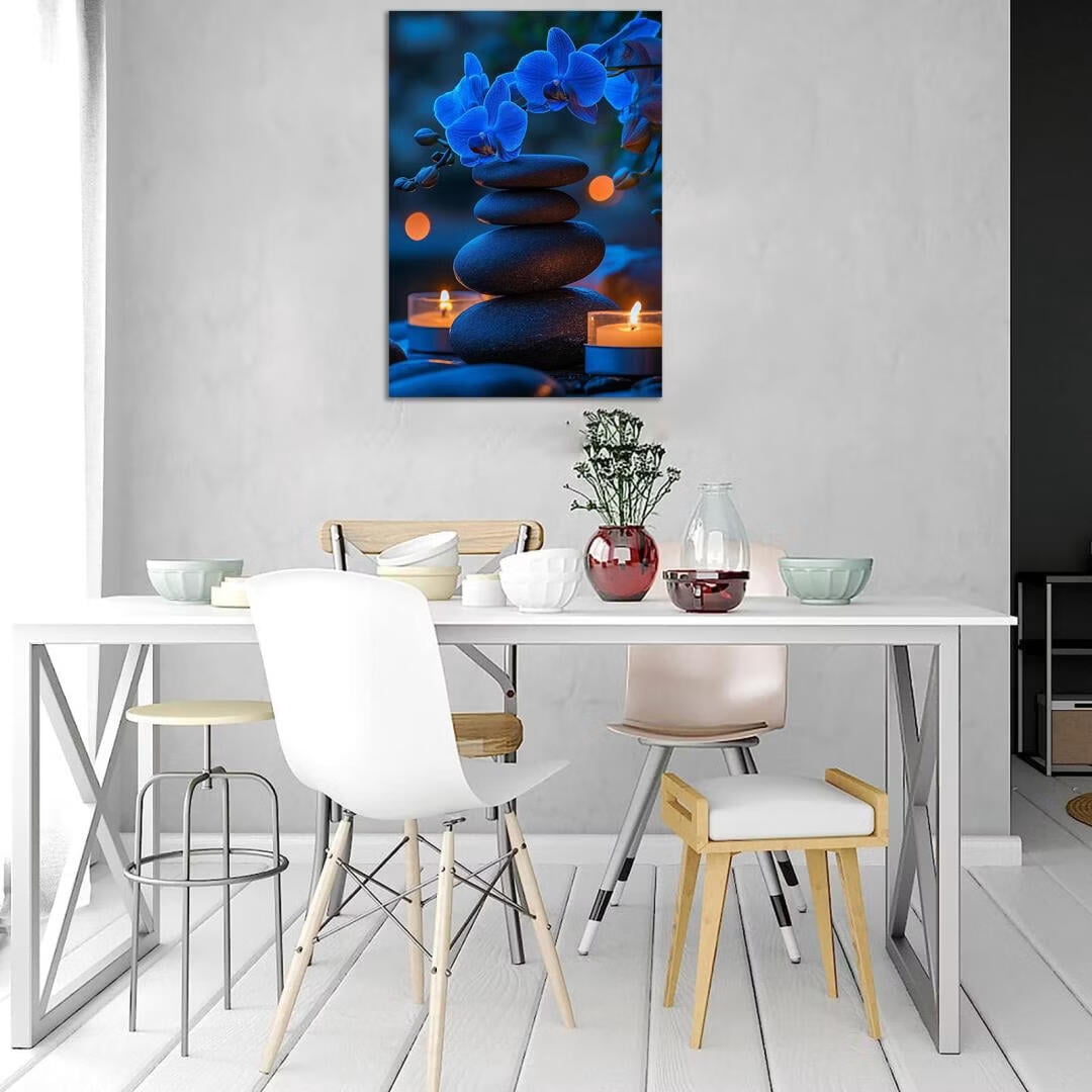 Mudket Framed Canvas Wall Art, White Orchid Candles Zen Stones Wall Decor, Elegant Calming Spa Floral Waterproof Art Prints for Bathroom Bedroom Living Room Home Decor - 12"L x 8"W