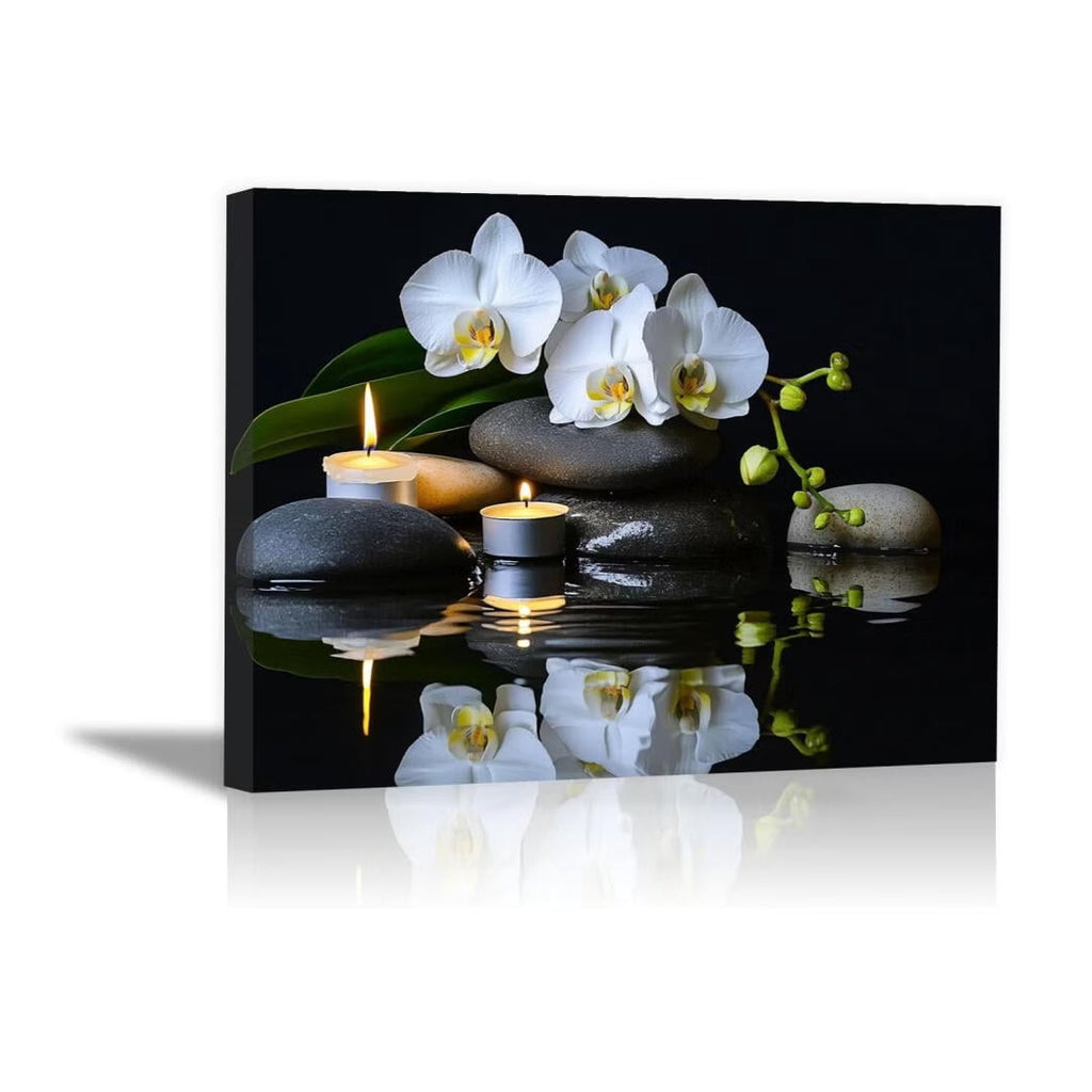 Mudket Framed Canvas Wall Art, White Orchid Candles Zen Stones Wall Decor, Elegant Calming Spa Floral Waterproof Art Prints for Bathroom Bedroom Living Room Home Decor - 12"L x 8"W