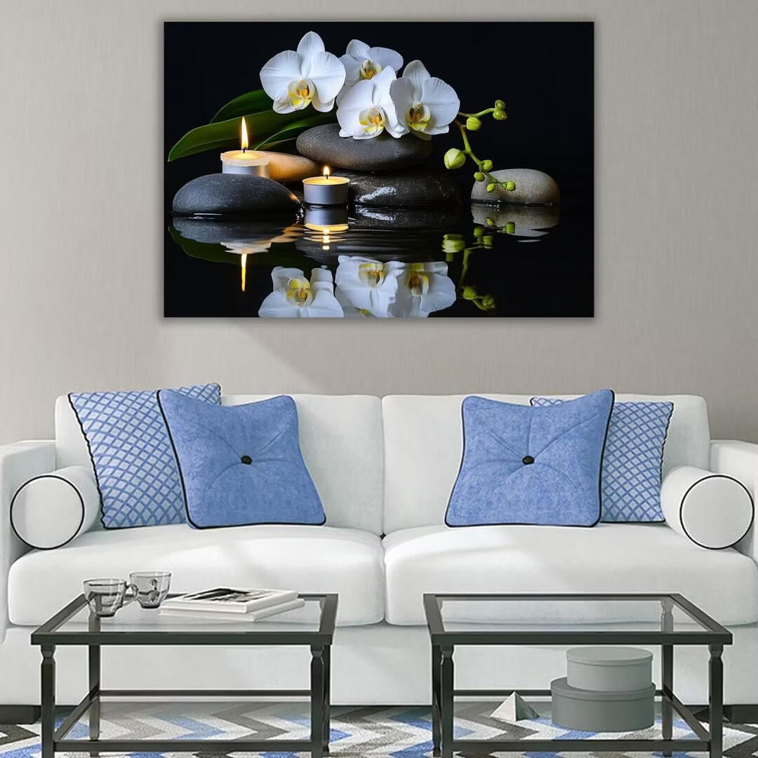 Mudket Framed Canvas Wall Art, White Orchid Candles Zen Stones Wall Decor, Elegant Calming Spa Floral Waterproof Art Prints for Bathroom Bedroom Living Room Home Decor - 12"L x 8"W
