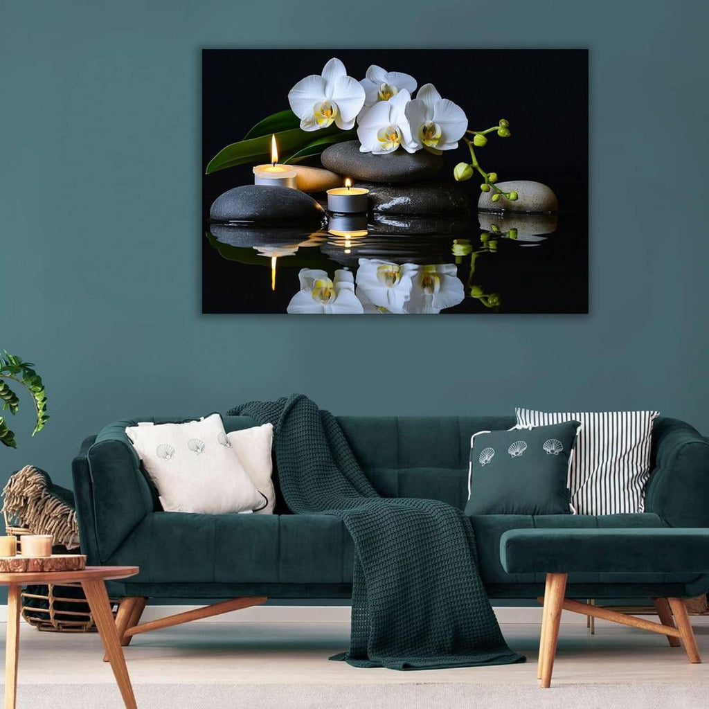 Mudket Framed Canvas Wall Art, White Orchid Candles Zen Stones Wall Decor, Elegant Calming Spa Floral Waterproof Art Prints for Bathroom Bedroom Living Room Home Decor - 12"L x 8"W