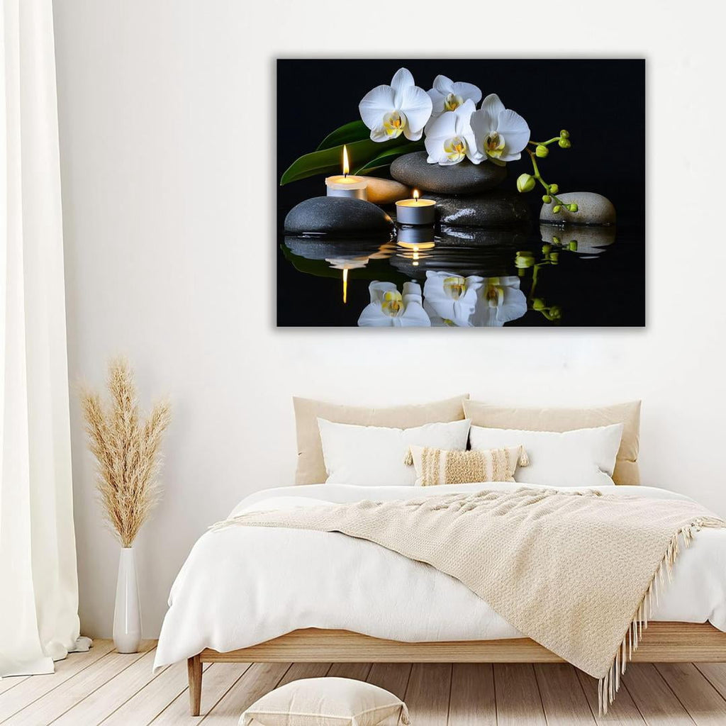 Mudket Framed Canvas Wall Art, White Orchid Candles Zen Stones Wall Decor, Elegant Calming Spa Floral Waterproof Art Prints for Bathroom Bedroom Living Room Home Decor - 12"L x 8"W
