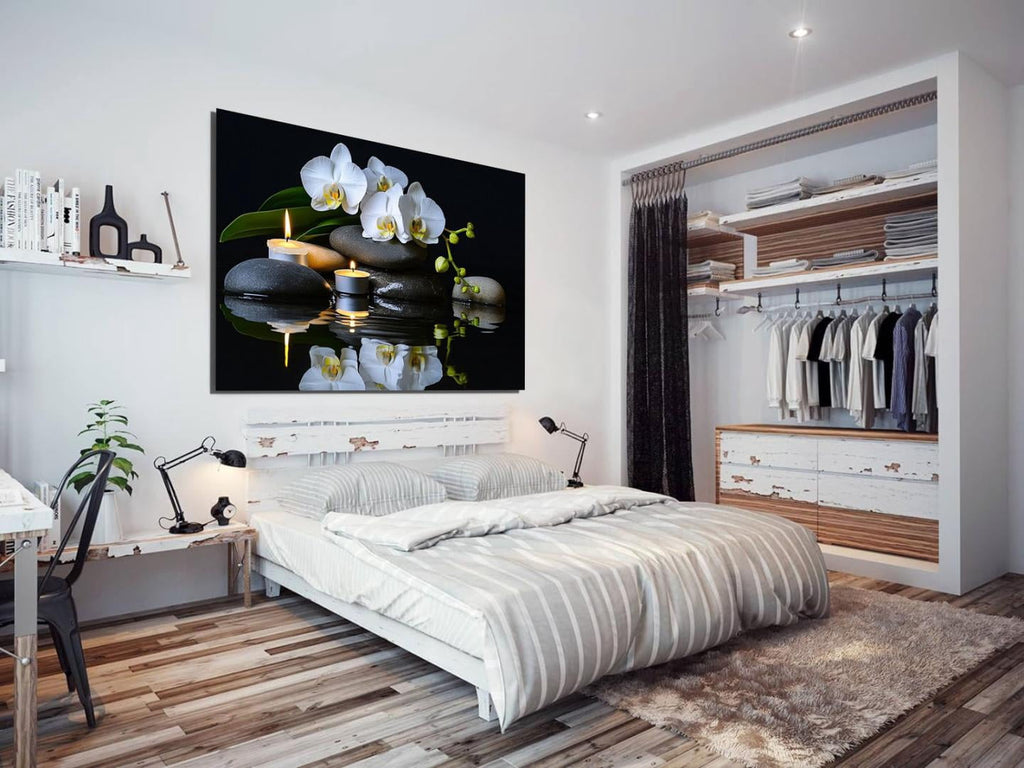 Mudket Framed Canvas Wall Art, White Orchid Candles Zen Stones Wall Decor, Elegant Calming Spa Floral Waterproof Art Prints for Bathroom Bedroom Living Room Home Decor - 12"L x 8"W