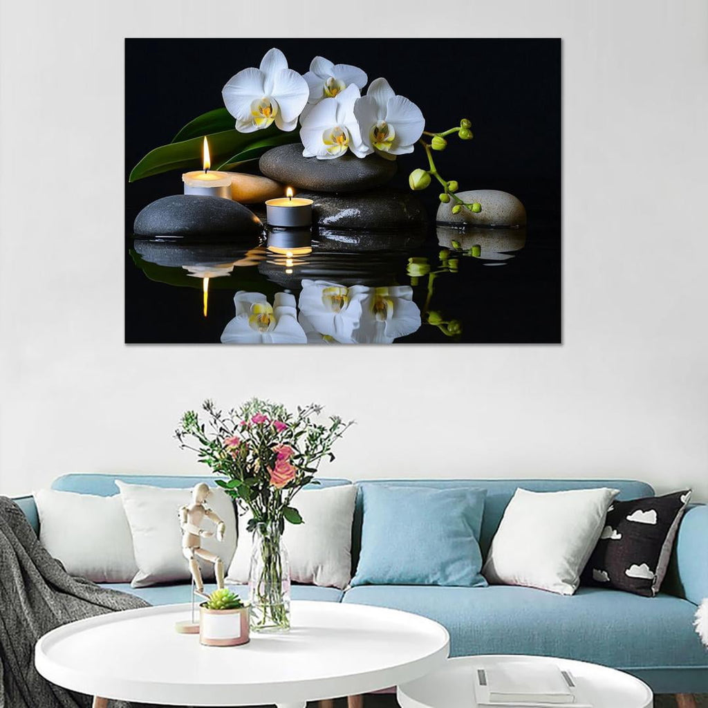 Mudket Framed Canvas Wall Art, White Orchid Candles Zen Stones Wall Decor, Elegant Calming Spa Floral Waterproof Art Prints for Bathroom Bedroom Living Room Home Decor - 12"L x 8"W
