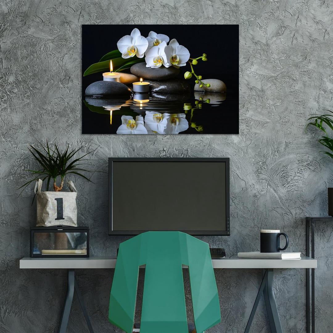 Mudket Framed Canvas Wall Art, White Orchid Candles Zen Stones Wall Decor, Elegant Calming Spa Floral Waterproof Art Prints for Bathroom Bedroom Living Room Home Decor - 12"L x 8"W