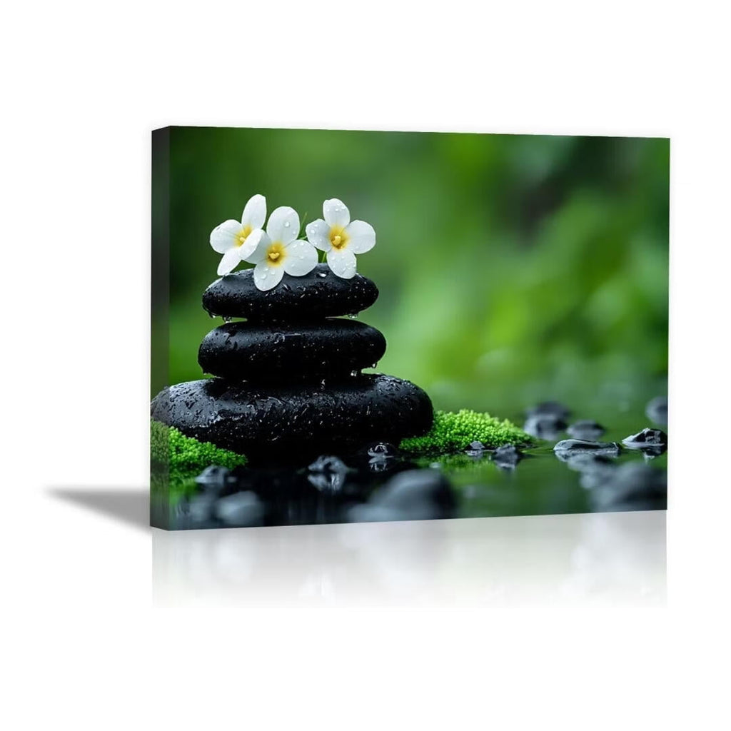 Mudket Framed Canvas Wall Art, White Orchid Candles Zen Stones Wall Decor, Elegant Calming Spa Floral Waterproof Art Prints for Bathroom Bedroom Living Room Home Decor - 12"L x 8"W
