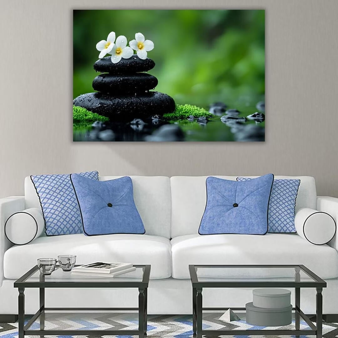 Mudket Framed Canvas Wall Art, White Orchid Candles Zen Stones Wall Decor, Elegant Calming Spa Floral Waterproof Art Prints for Bathroom Bedroom Living Room Home Decor - 12"L x 8"W