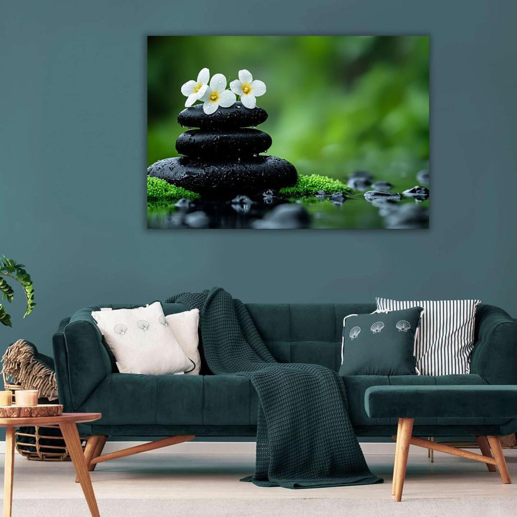Mudket Framed Canvas Wall Art, White Orchid Candles Zen Stones Wall Decor, Elegant Calming Spa Floral Waterproof Art Prints for Bathroom Bedroom Living Room Home Decor - 12"L x 8"W