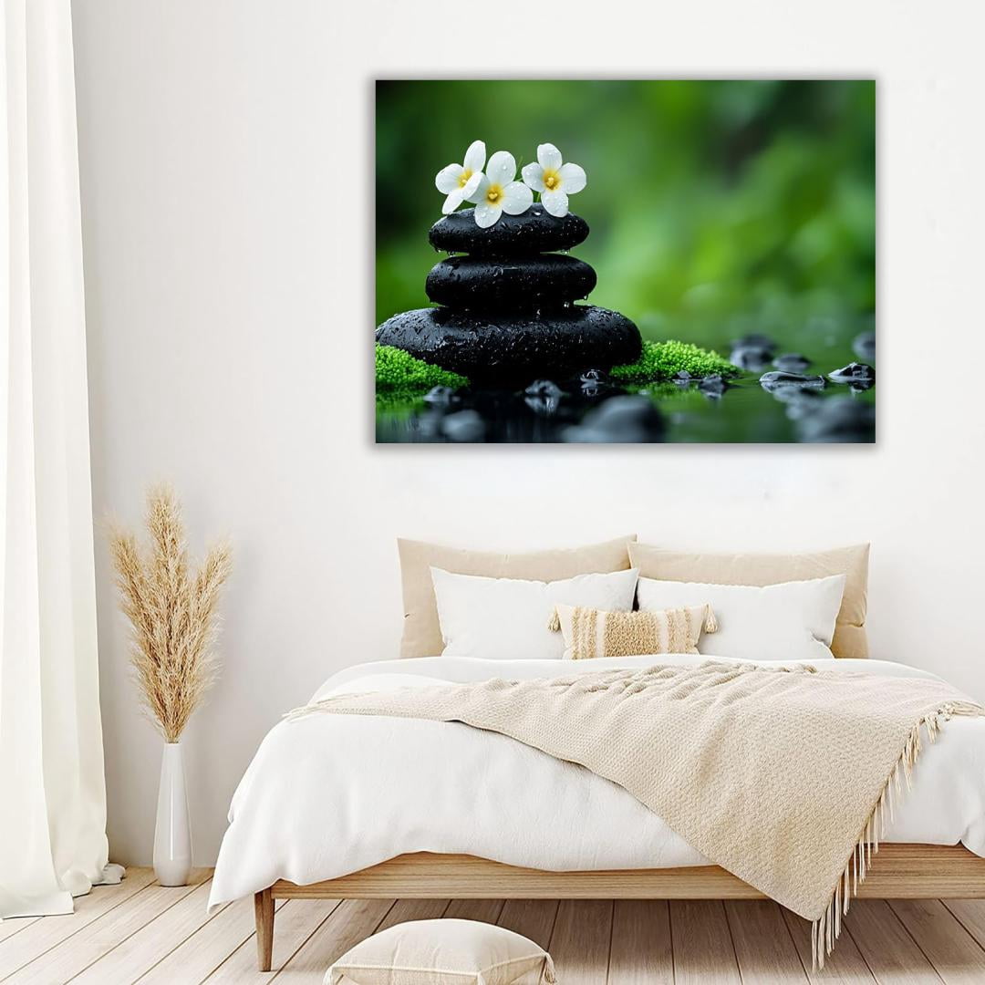 Mudket Framed Canvas Wall Art, White Orchid Candles Zen Stones Wall Decor, Elegant Calming Spa Floral Waterproof Art Prints for Bathroom Bedroom Living Room Home Decor - 12"L x 8"W