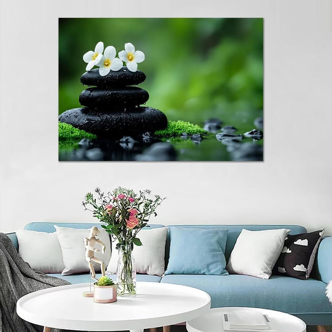 Mudket Framed Canvas Wall Art, White Orchid Candles Zen Stones Wall Decor, Elegant Calming Spa Floral Waterproof Art Prints for Bathroom Bedroom Living Room Home Decor - 12"L x 8"W