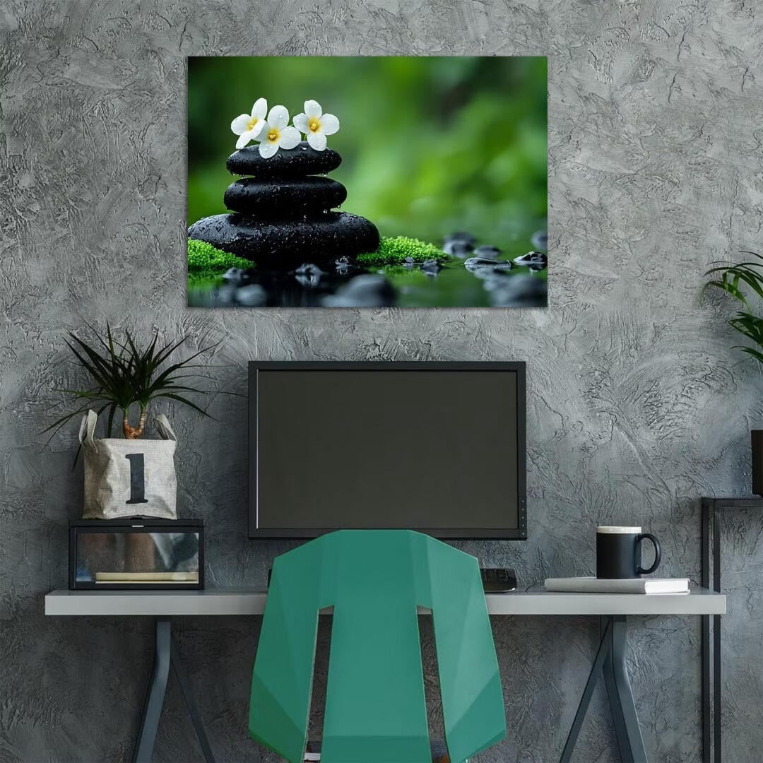 Mudket Framed Canvas Wall Art, White Orchid Candles Zen Stones Wall Decor, Elegant Calming Spa Floral Waterproof Art Prints for Bathroom Bedroom Living Room Home Decor - 12"L x 8"W