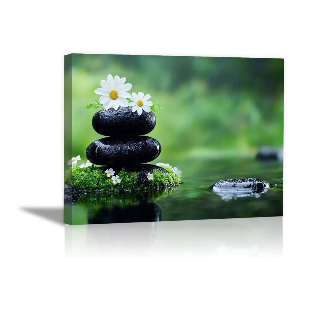 Mudket Framed Canvas Wall Art, White Orchid Candles Zen Stones Wall Decor, Elegant Calming Spa Floral Waterproof Art Prints for Bathroom Bedroom Living Room Home Decor - 12"L x 8"W