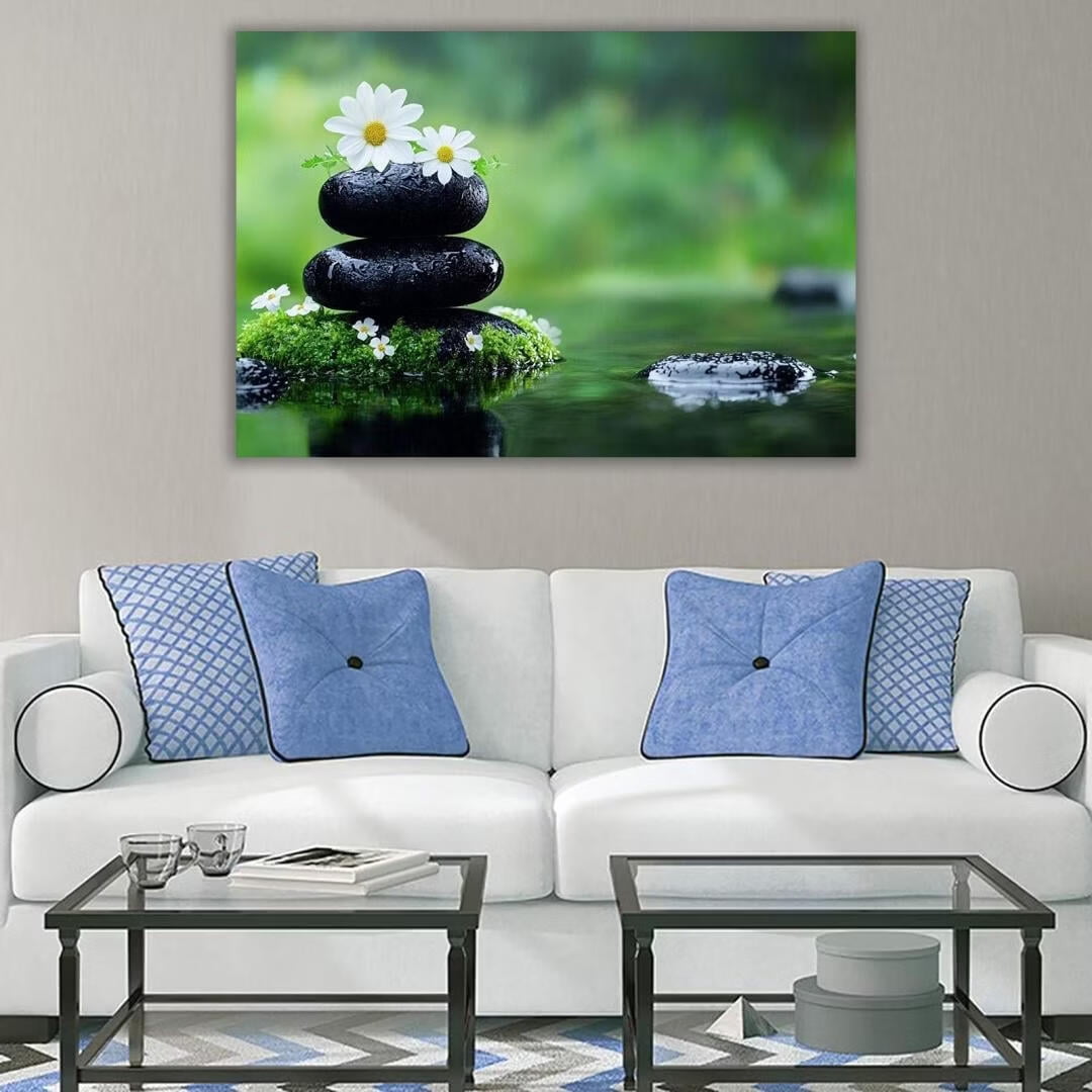 Mudket Framed Canvas Wall Art, White Orchid Candles Zen Stones Wall Decor, Elegant Calming Spa Floral Waterproof Art Prints for Bathroom Bedroom Living Room Home Decor - 12"L x 8"W